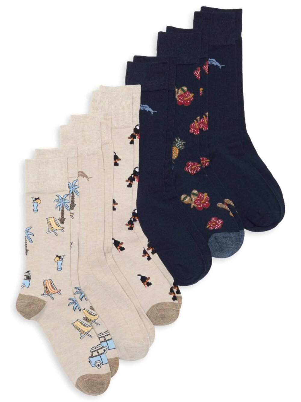 Tommy Bahama 6 Pack Crew Socks Xmas Toucans Marlin Navy Khaki Beach $82.50